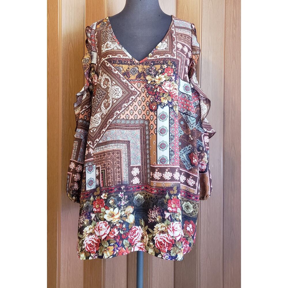 Tacera size XL brown & tan cold shoulder long sleeve blouse